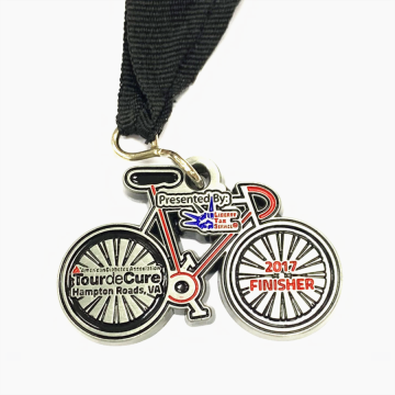 Silver metal bicycle shape finisher medal