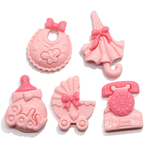 Kawaii Pink Color Resin Cabochons Princess Girl Carriage Telephone Umbrella Baby Bottle Bib Beads Charms DIY Decoration