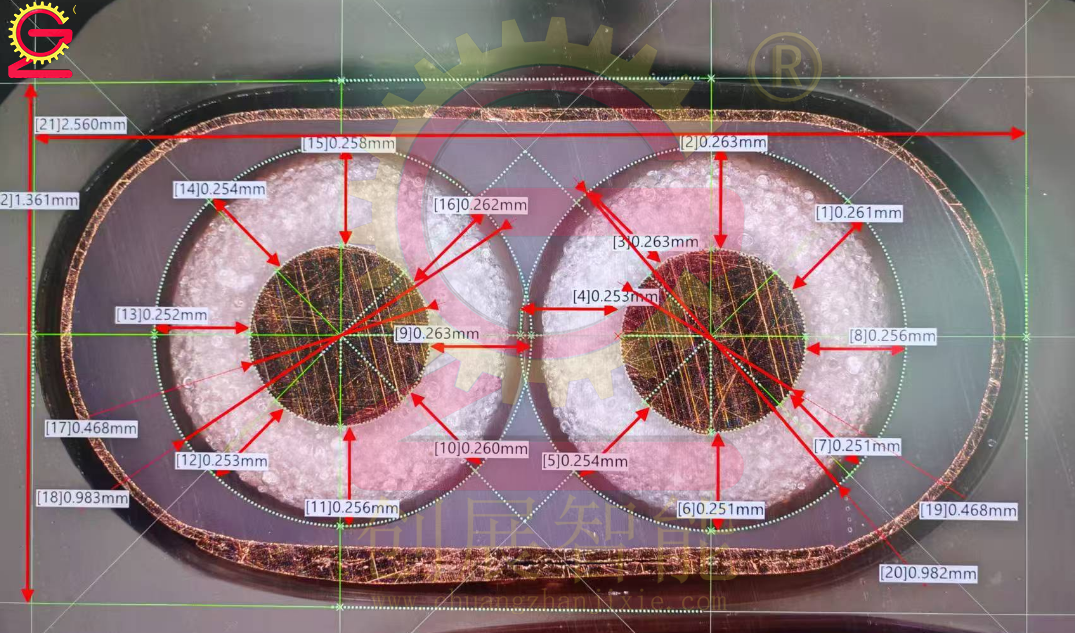 双芯泡沫的横截面图像 - 壁厚:0.251–0.263 mm Cross-section image of dual-core foam — Wall thickness: 0.251–0.263 mm