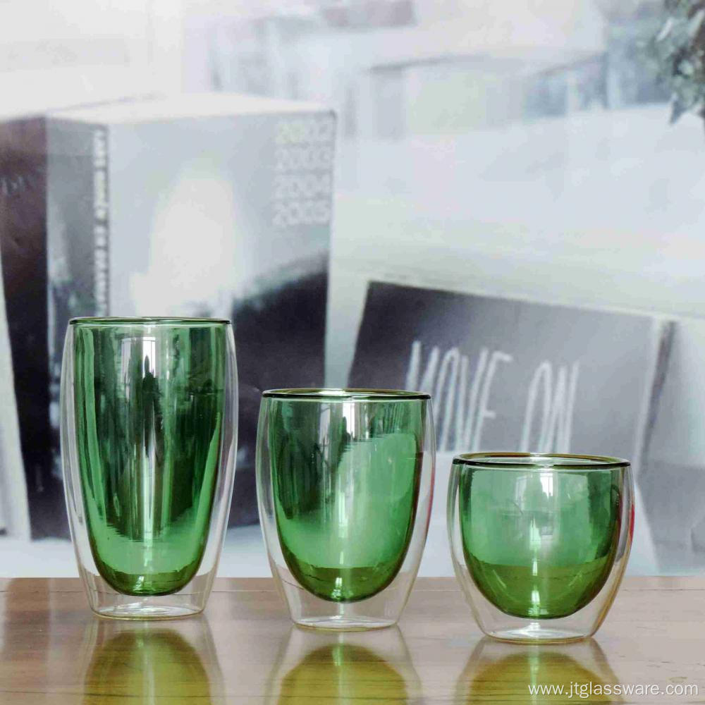 Green Color Double Wall Glass Coffee Cup