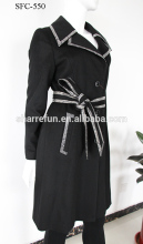 China Wholesale Ladies Cashmere Long Coat with Leather Trim