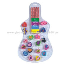 Pencils with Funky Erasers, Love Heart Shape, Packed with Guitar, Erasers Gift Set Package