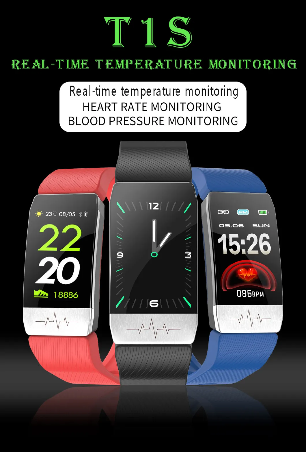 T1s ECG+PPG Heart Rate Fitnesstracker Smart Bracelet Blood Pressure with Body Temperature Smart Watch