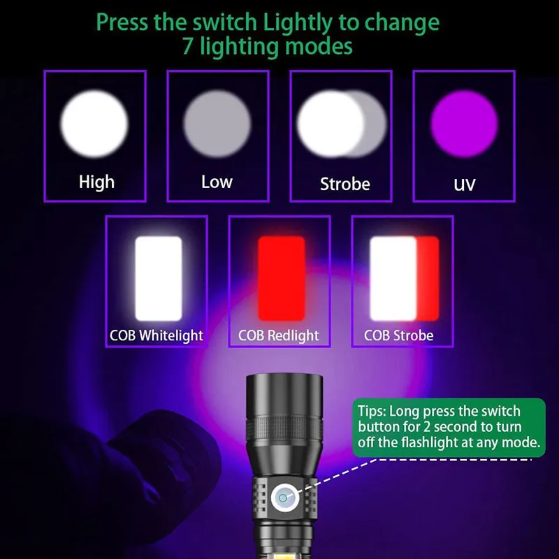Versatile LED Flashlight with COB Floodlight and UV Light