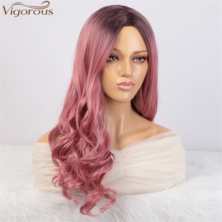 Vigorous Wholesale Price Long Natural Wave Cosplay Wig for Women Synthetic Ombre Pink Middle Part Wigs Heat Resistant