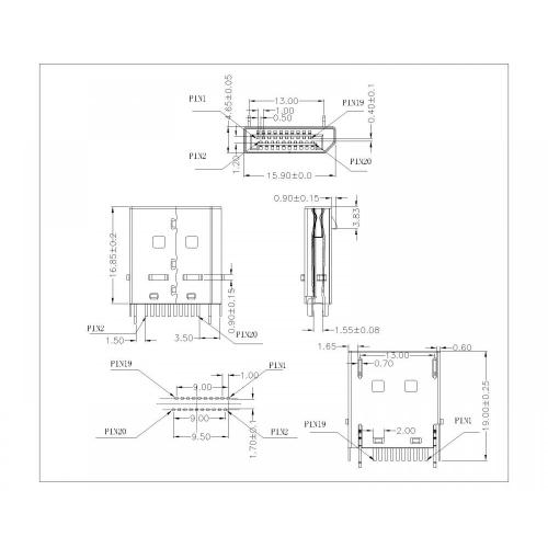 Paparan port 20p palam straddle 1.6mm, dengan cangkuk