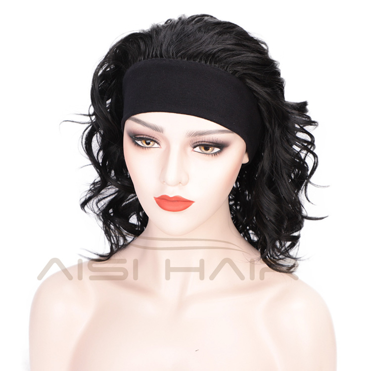 Aisi Hair Synthetic Wigs with Bandage Black High temperature fiber Wigs with Headband for Black Women