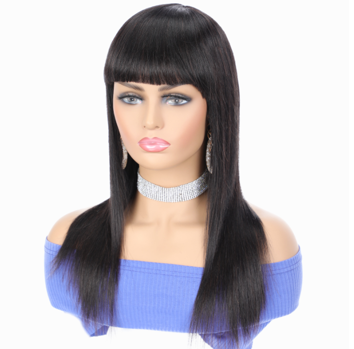 Drop Shipping Wholesale Raw Indian Hair Straight Machine Made Wig With Bangs  Non Lace Human Hair Wigs