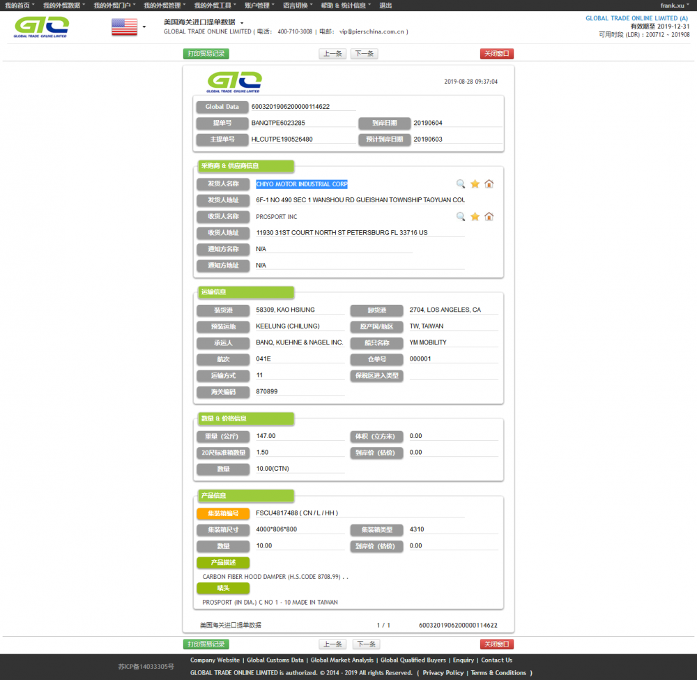 DATA CUSTOMS DAMPER FIBER KARBON USA