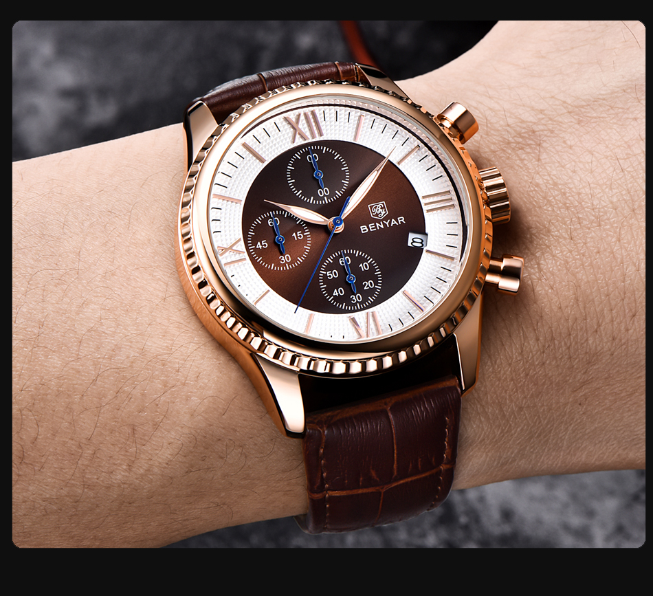 トップラグジュアリーブランドBenyar時計メンズ腕時計ファッションスポーツクォーツ防水レザーメンズビジネスウォッチRelogioMasculino