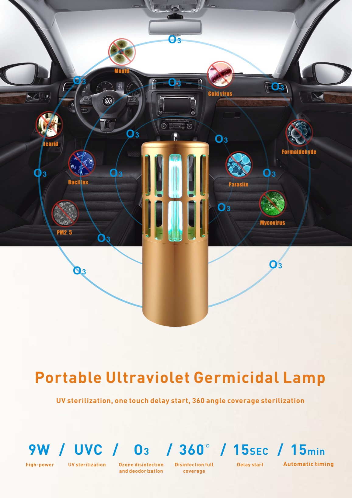 USB Charge 1800 Ma Construit dans la batterie LI DC 9W Ultraviolet ultraviolet UVC + O3 LAMPE GERMICIDAL