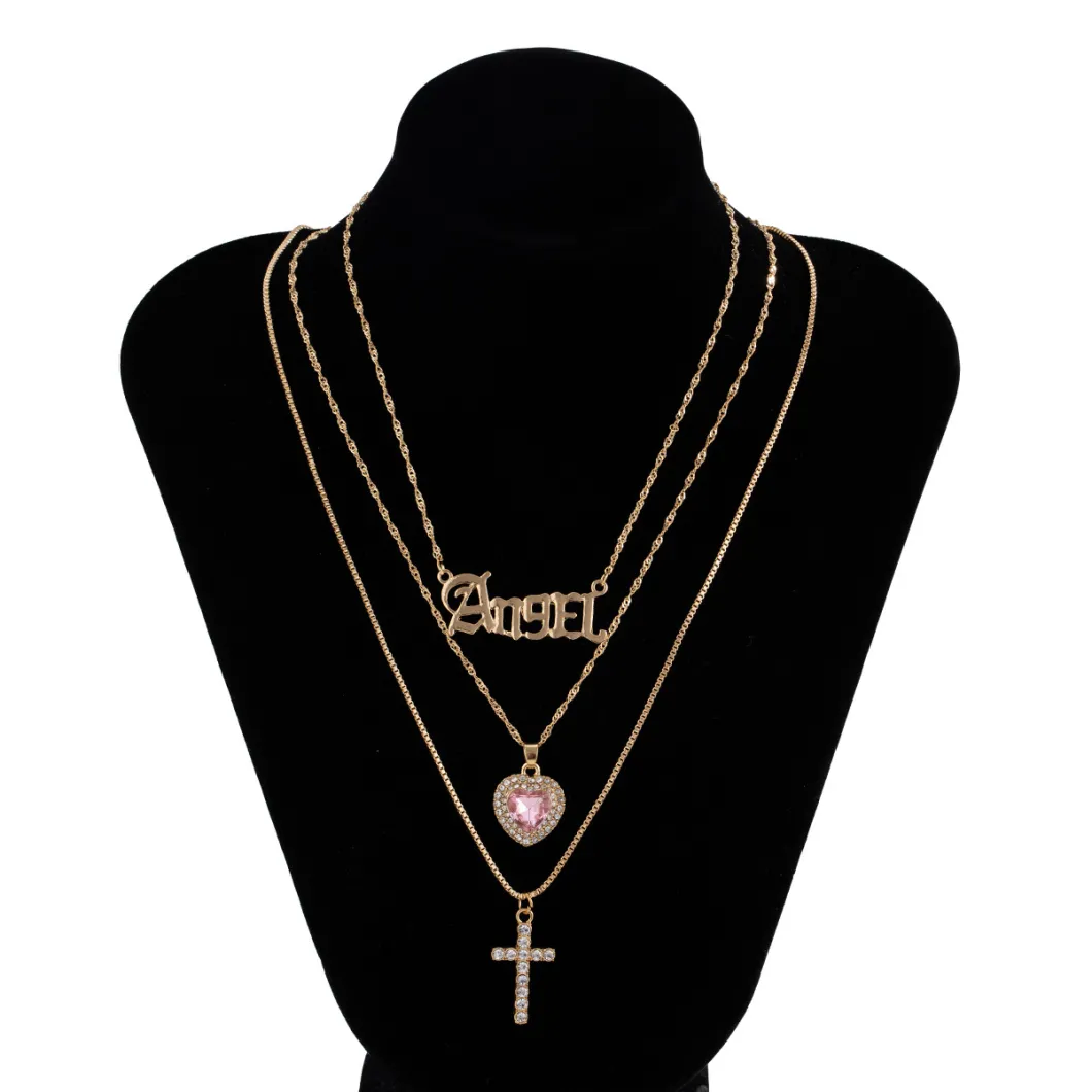 Wholesale Jewelry Fashion Alloy Letter Multi-Layer Cross and Heart Necklace