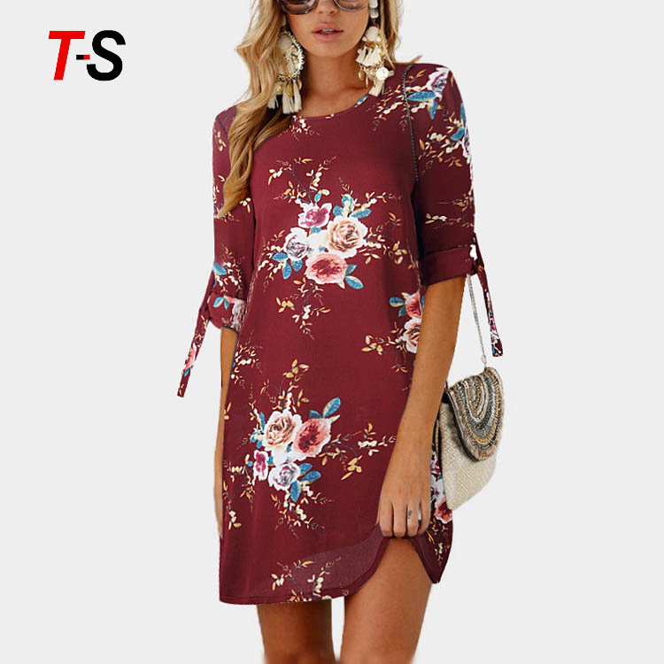 New summer fashion short sleeve print tie round neck dress