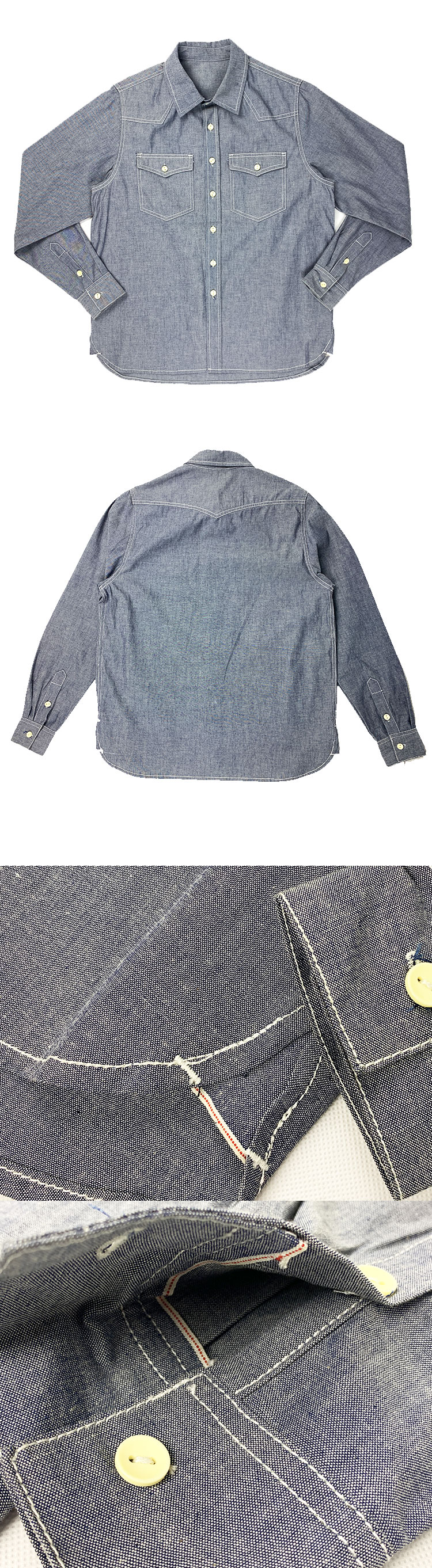 Kuantitas Kecil Desain Kustom Light Blue Indigo 6oz Jepang Gaya Jepang Cotton Chambray Selvedge Denim Jeans Shirt for Men