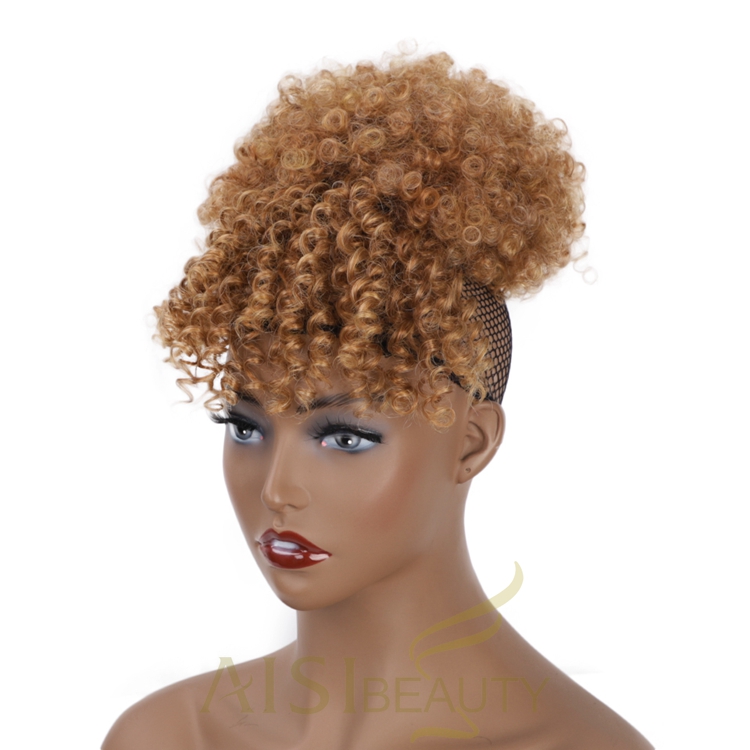 Aisi Beauty Popular New Design Wholesale Afro Fluffy Puff Brown Hairpiece Extension With Bangs Curly Afro Kinky Afro Hair Bun