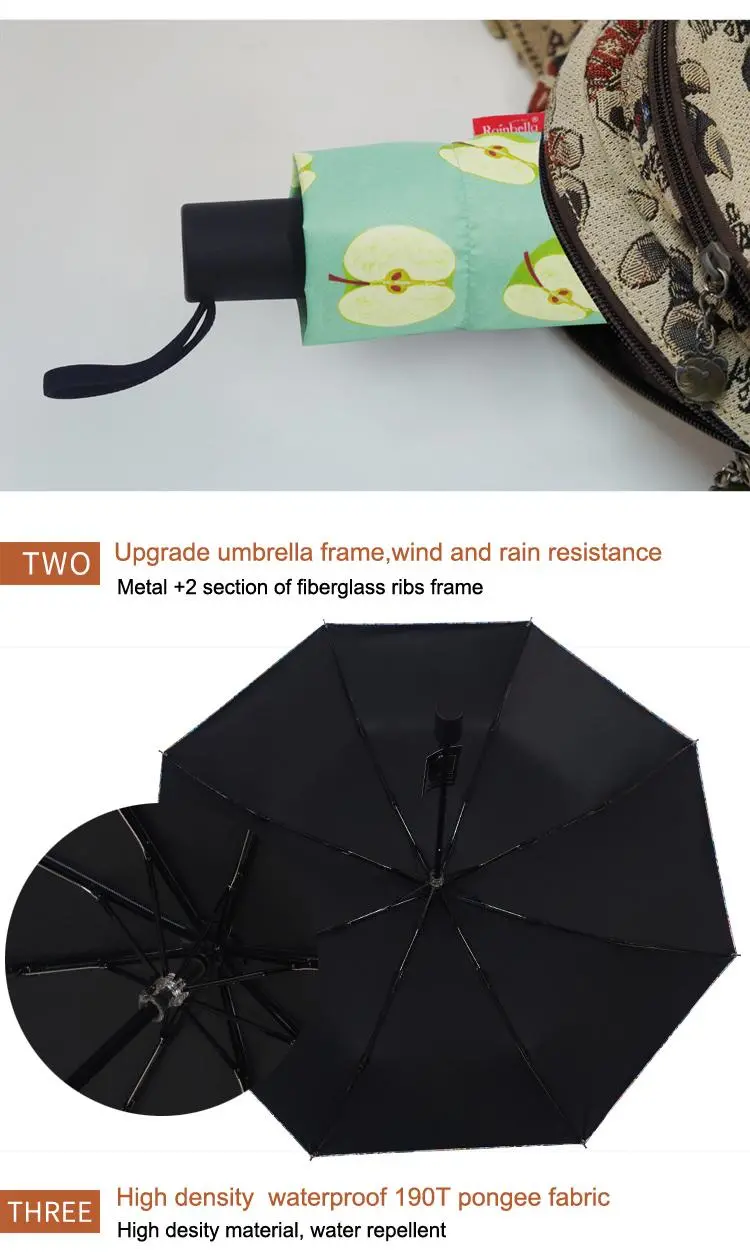 Full Printing Apple Pattern UV Coated Unique Compact 3 Fold Umbrella for Women