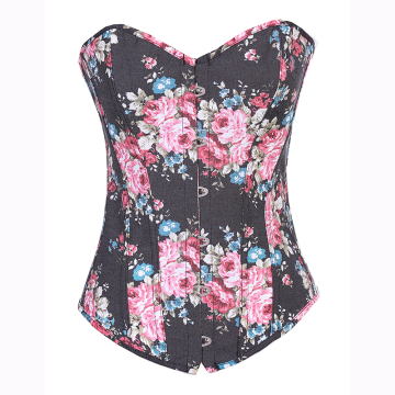 Women Overbust Corset Sexy Floral Print Denim Burlesque Shapewear Corsets And Bustiers Harness Bustier Gothic Clothing