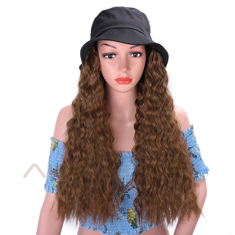Aisi Hair Long Water Wave Outdoor Hat Knit Slouchy Party Hat Synthetic Light Brown Fiber Hair Extension With Black Cap For Women