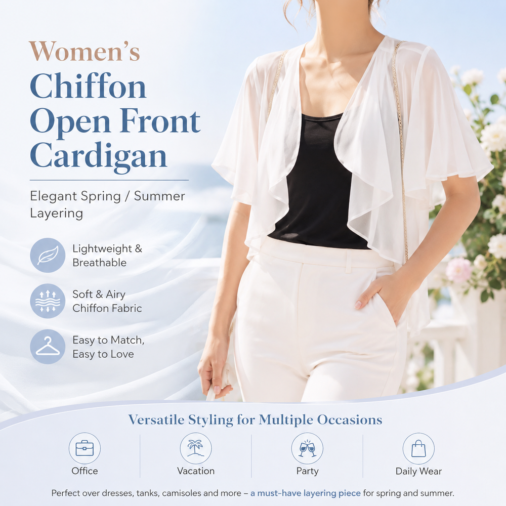 Легкий шифоновый кардиган с короткими развевающимися рукавами Lightweight Chiffon Short Flutter Sleeve Cardigan