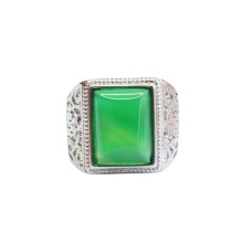 Wholesale Square Gemstone Rings: Chalcedony & Green Agate with Chinese Characters, Silver Plated Fashion Jewelry