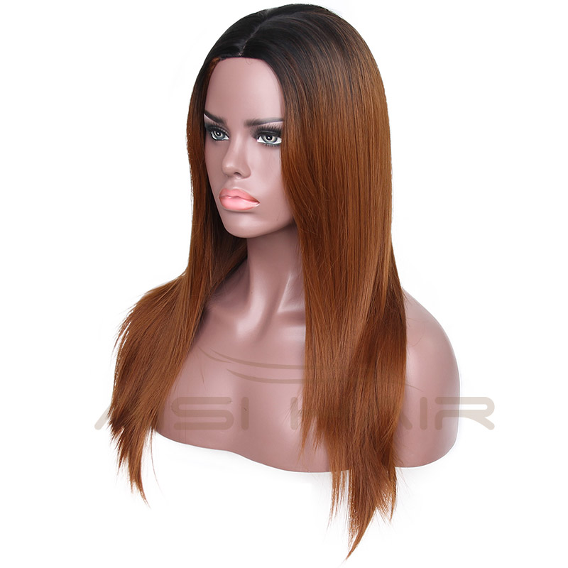 Aisi Hair Top Selling Long Silky Straight Wave Wigs For Black Women Ombre Brown Color Synthetic Fiber Wigs