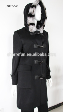 High quality 100% Cashmere Coat with Rex Rabbit Hoody for women