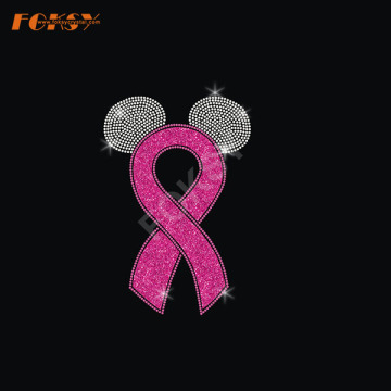 Ears Pink Ribbon Hot Fix Rhinestone Transfer