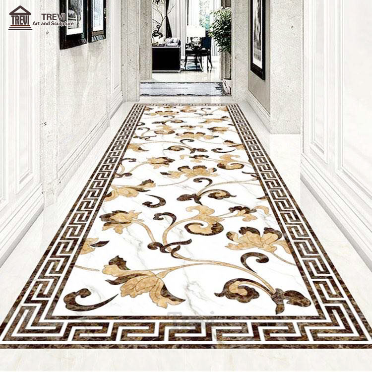 Rectangle White Flower Design Marble Curved Waterjet Medallion Pattern For House And Hotel Decoration