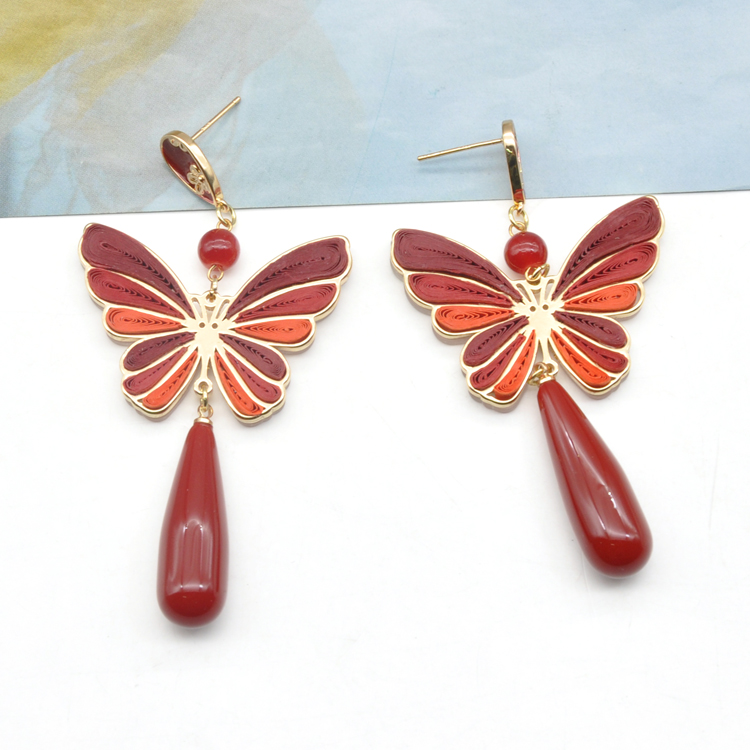 Newest Design red folding paper dangle ear jewelry luxury gold butterfly stud earrings