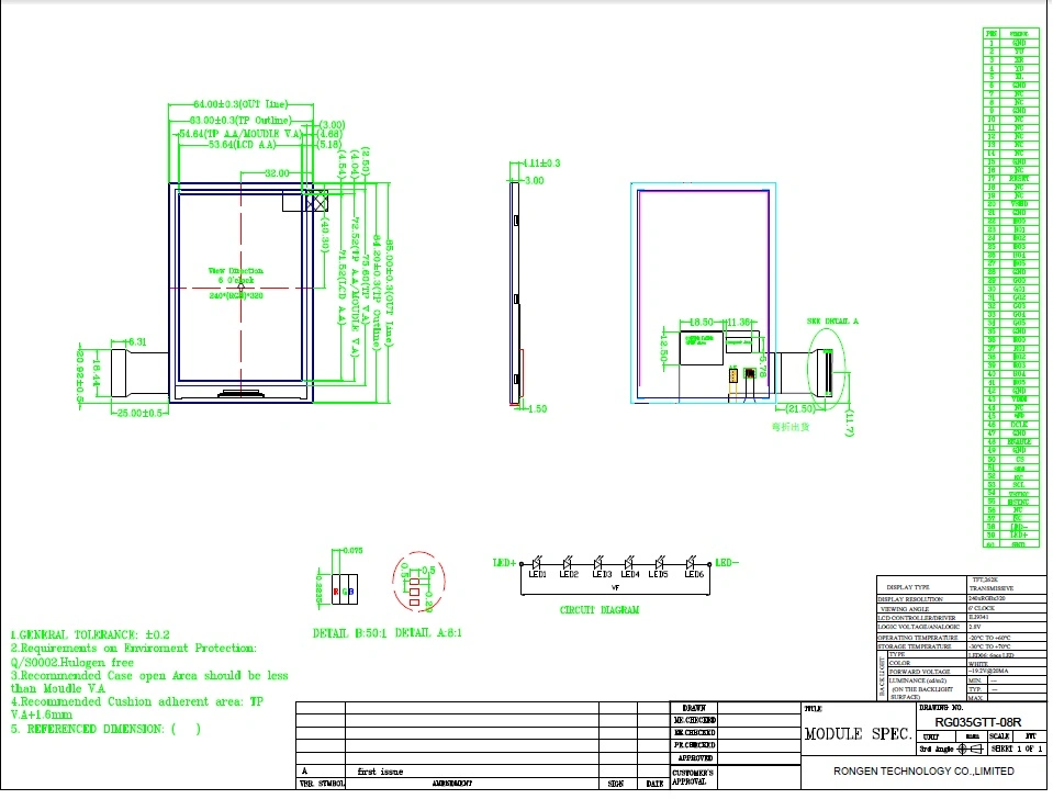3.5" 320X240 Full Color RGB Graphic TFT LCD Display Module Offers a Capacitive Touch Screen.