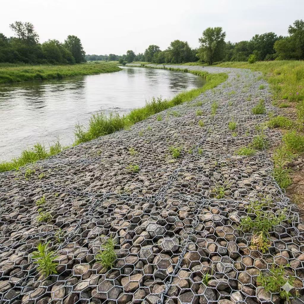 Maglia esagonale per il controllo dell'erosione delle sponde dei fiumi Riverbank erosion control using hexagonal wire mesh netting in a civil engineering project