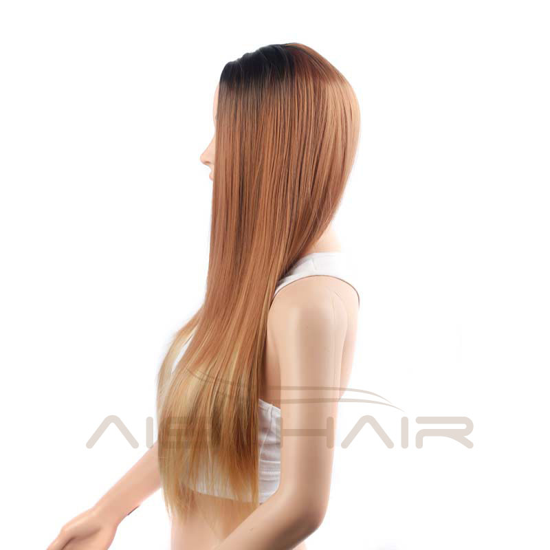 The Best Selling Long Straight Ombre Brown Wigs For Women With Dark Roots Heat Resistant Synthetic Wig