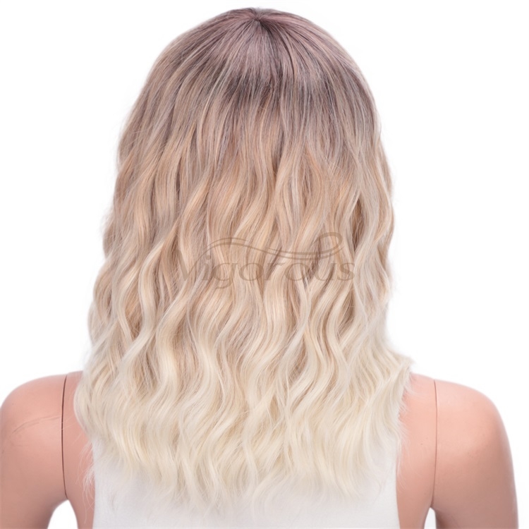 Vigorous Wavy Short Bob with Air Bangs Shoulder Length Curly Synthetic Cosplay Ombre Blonde Bob Wig for Girl