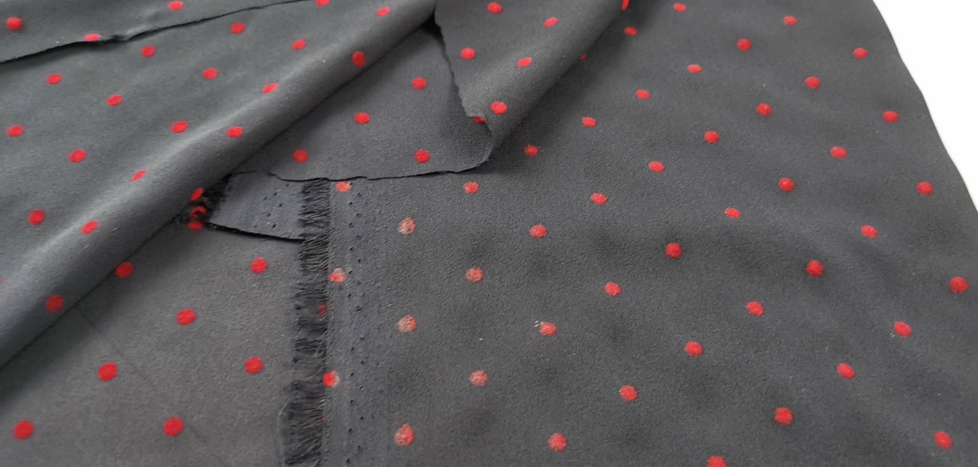 100% Polyester moss crepe with Red flocking dots Inelasticfabric