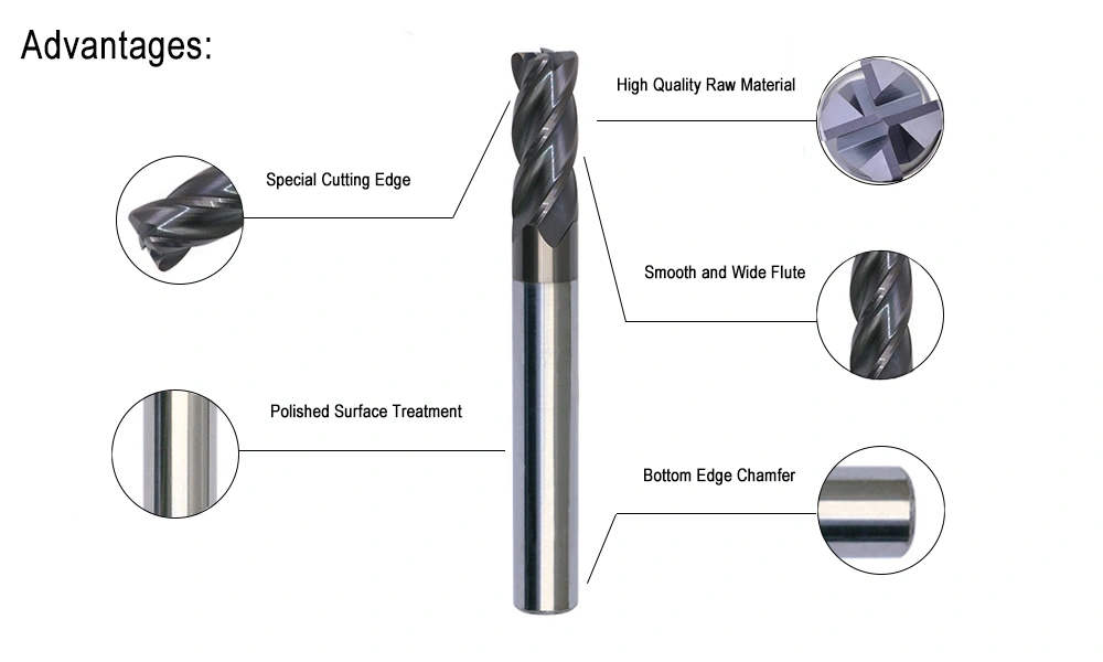 Solid Carbide Cutting Tools HRC55 4 Flutes Corner Radius End Mill