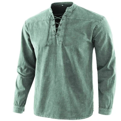 New Solid Color Retro Lace-up Collar Loose Casual Shirt