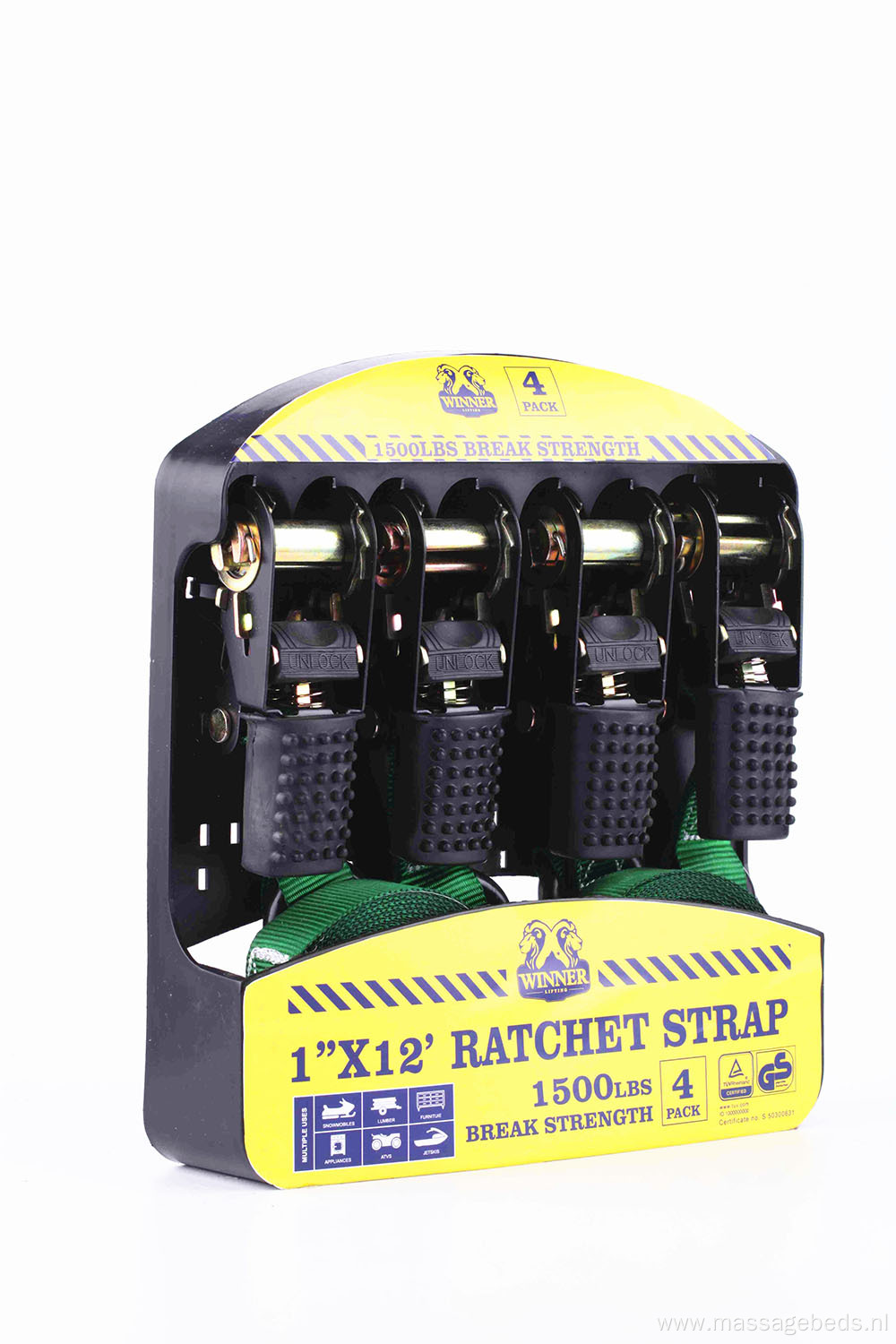 4PK Rubber Handle Easy Operation Ratchet Straps With 1500LBS