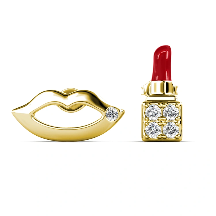 Hypoallergenic Brass Jewelry Cute Ootd Lip and Lipstick Cosmetic Asymmetrical Stud Earrings