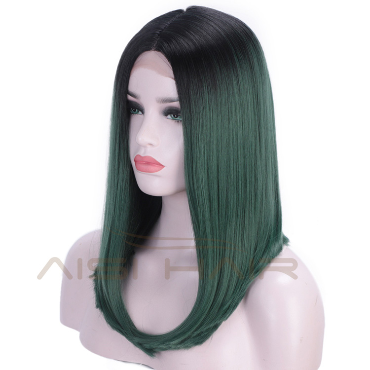 Aisi Hair Synthetic Silky Straight Lace Front Wigs Ombre Green Middle Part Lace Front Cosplay Bob Wigs for Women