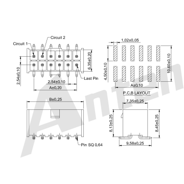 2.54mm zift çift satır 180 ° gofret-smt aw2549vi-s-2xnp