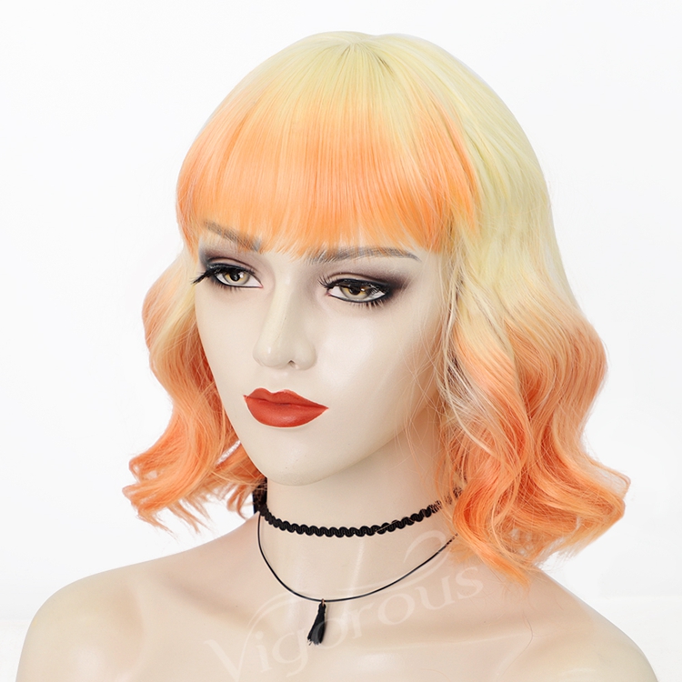 Bob Natural Wave Wig Ombre Blonde Red Hair with Bangs Synthetic Short Wig for Women Heat Resistant Fiber Hair 16 inches