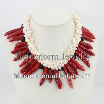 Fabulous Irregular Red Coral Necklace Coral/Pearl Party Necklace CN028