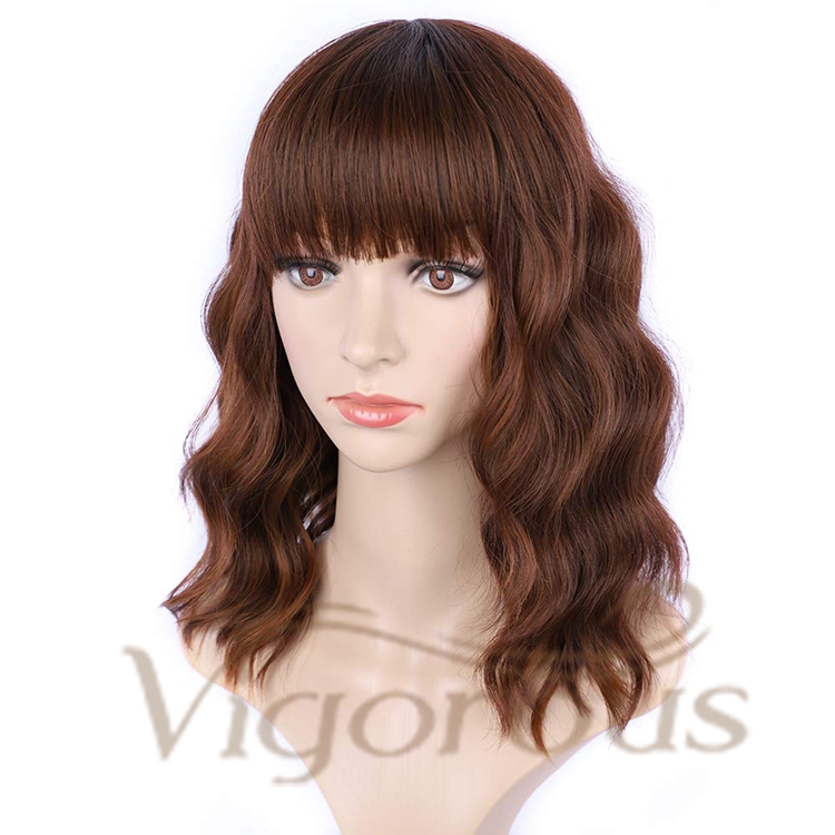 Vigorous Cheap Price Middle Long With Neat Bangs Brown Machine Made High Temperature Fiber For Black Women Synthetic Hair Wigs
