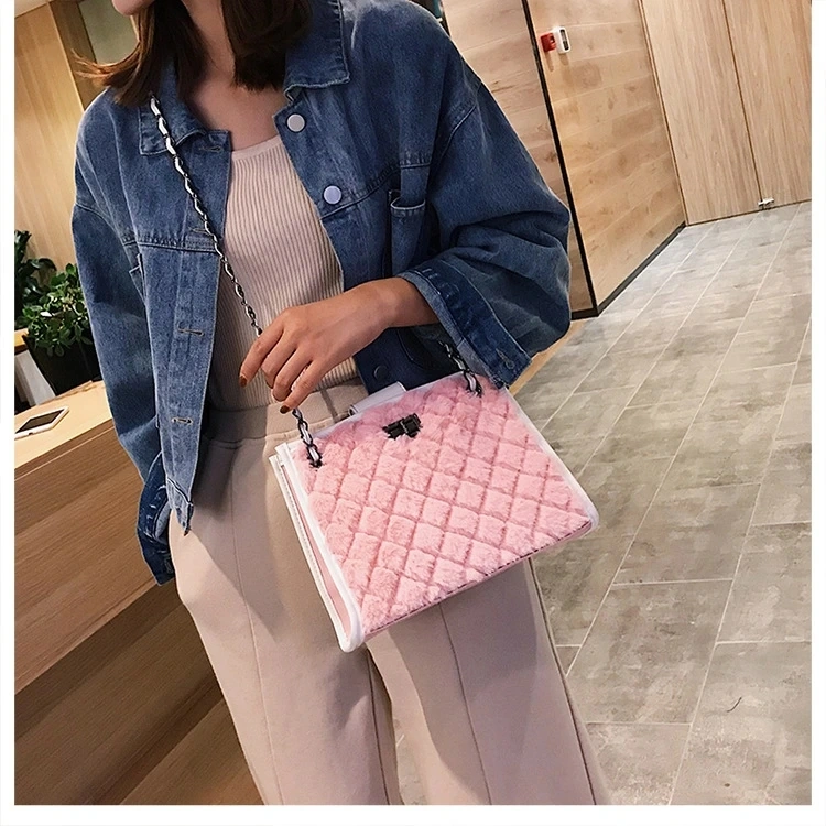 2021 New Rhombic Chain One-Shoulder Plush Messenger Bag for Women