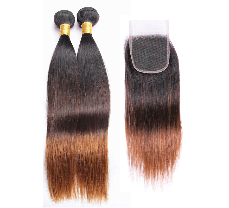 Virgin Hair 1B/4/30 Ombre Color Straight Angels Hair Weaves With Top Closure