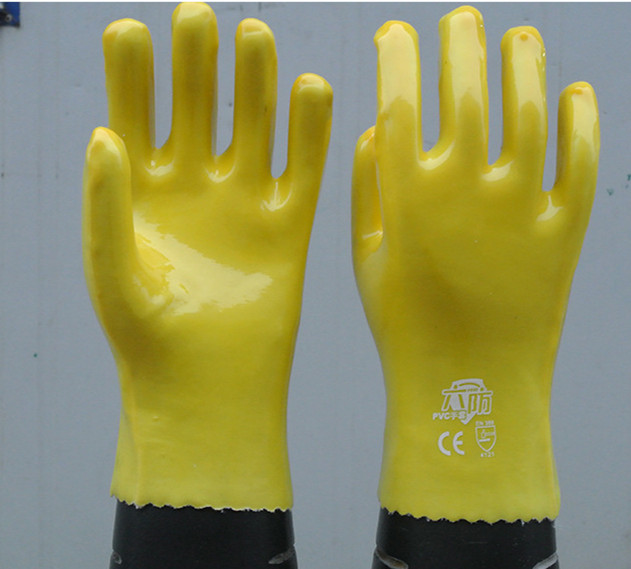 Guantes de forro de algodón de la inmersión de PVC amarillo