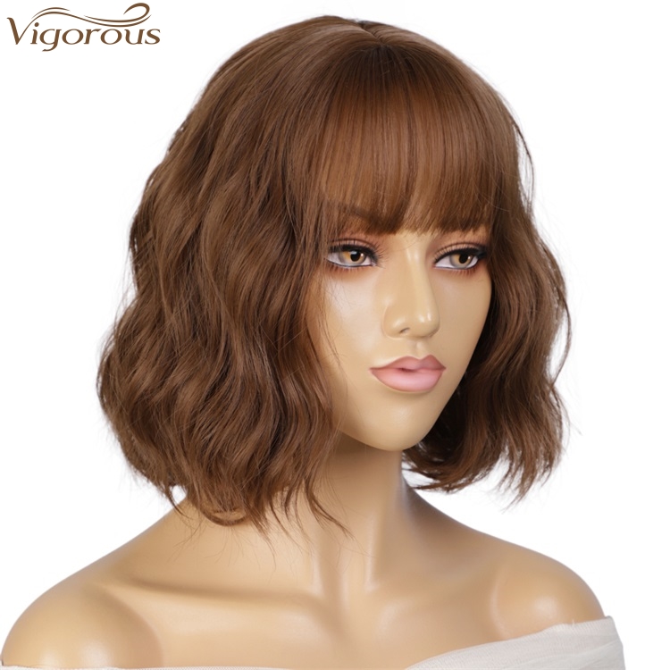 Vigorous Fashion Girl Natural Short Bob Brown Wig With Neat Bangs Synthetic Short Curl Wave Wigs Heat Resistant