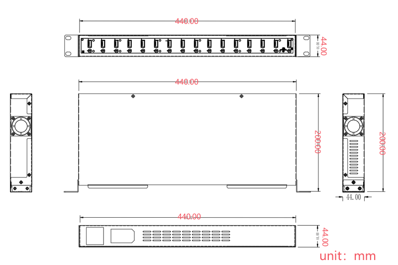 16-Port USB Charging Hub Station Product Parameters, Dimensions Drawing 16-Port USB Charging Hub Station Product Parameters, Dimensions Drawing