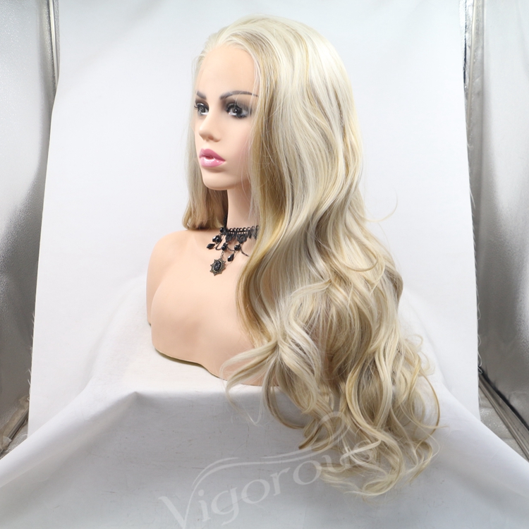 Vigorous mono long premium high quality straight wave wholesale black women synthetic hair wigs with lace front
