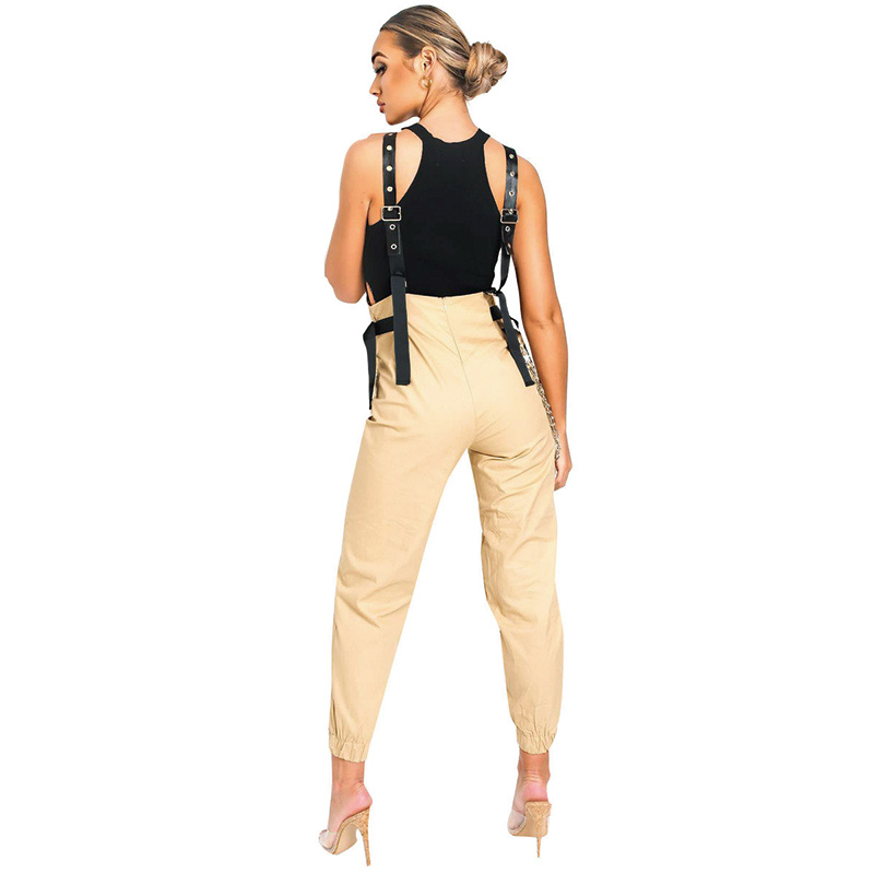 High quality women skinny cargo dungarees solid beige for causal wear